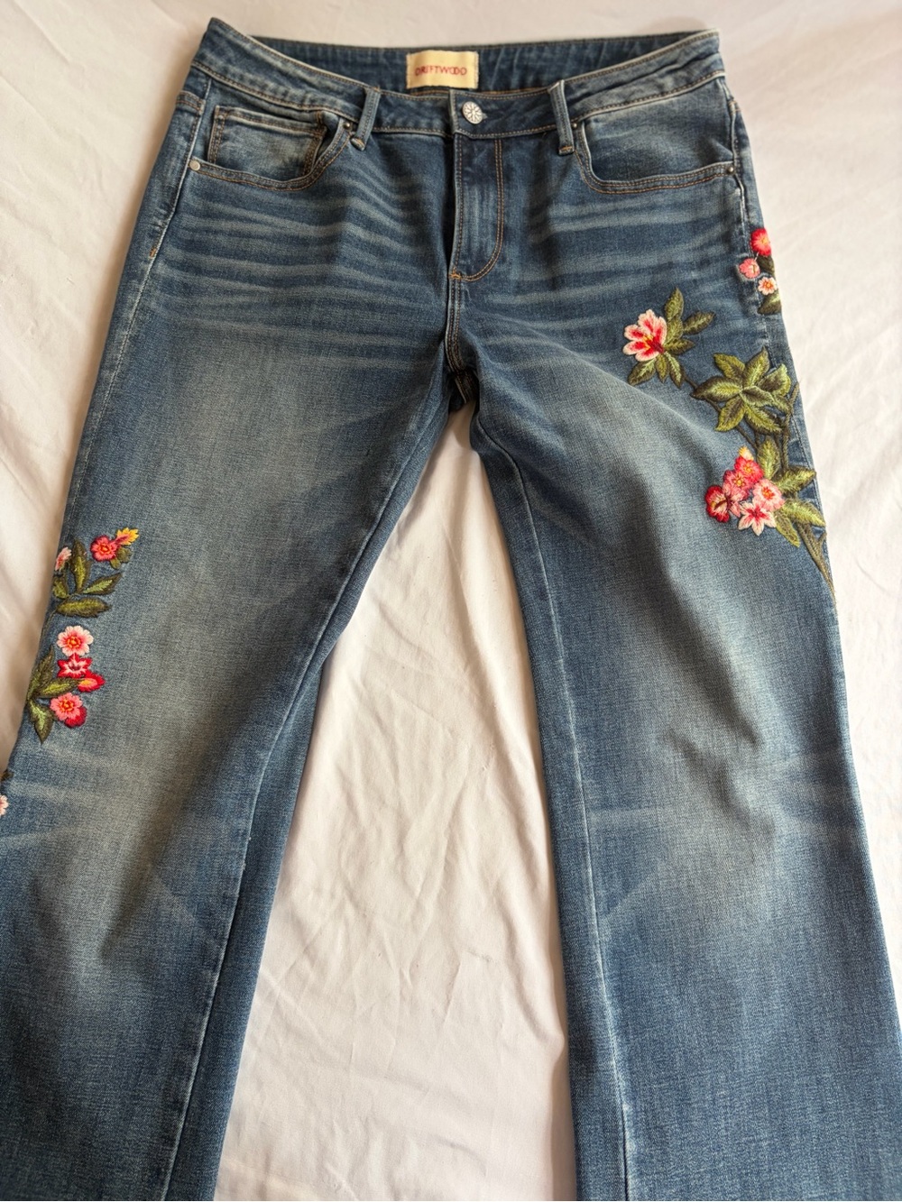 DRIFTWOOD Blue Flare Jeans with Floral Embroidery
